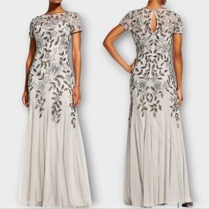 ADRIANNA PAPELL Gray Silver Beaded Sequins Godet Mesh Formal Maxi Ball Gown 10